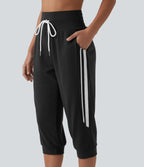 High Waisted Drawstring Stripe Capri Casual Joggers with Pockets — Black — view 4