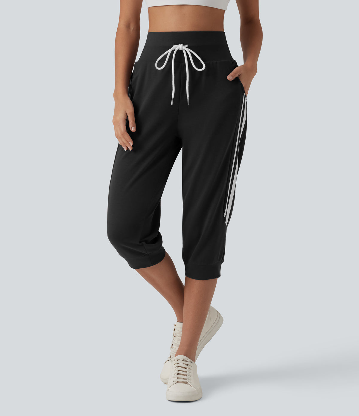 High Waisted Drawstring Stripe Capri Casual Joggers with Pockets — Black — view 3