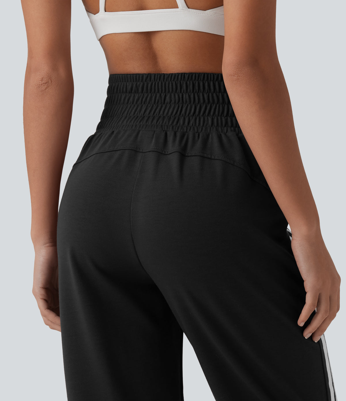 High Waisted Drawstring Stripe Capri Casual Joggers with Pockets — Black — view 5