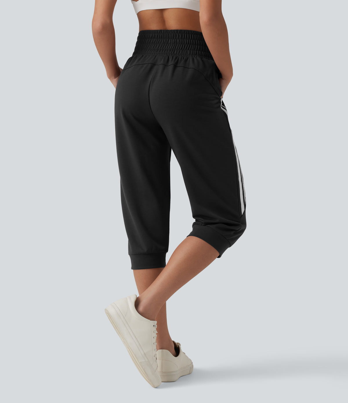 High Waisted Drawstring Stripe Capri Casual Joggers with Pockets — Black — view 2