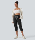 High Waisted Drawstring Stripe Capri Casual Joggers with Pockets — Black — view 6