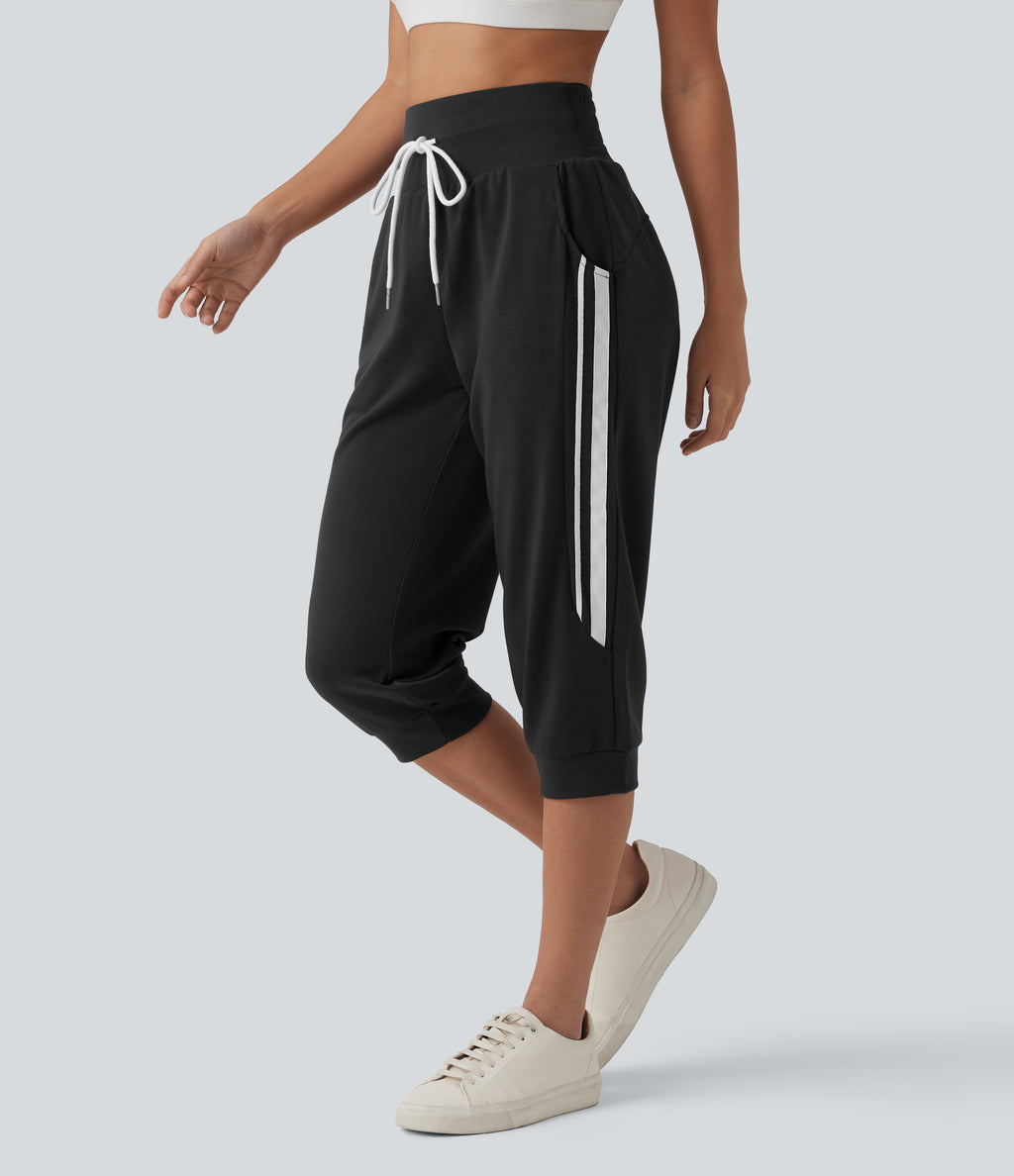 High Waisted Drawstring Stripe Capri Casual Joggers with Pockets — Black — view 1