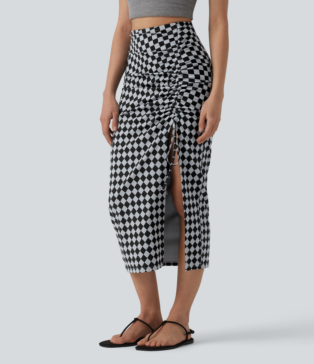 Check Print High Waisted Drawstring Bodycon Midi Casual Skirt — Classic Diamond Check — view 3