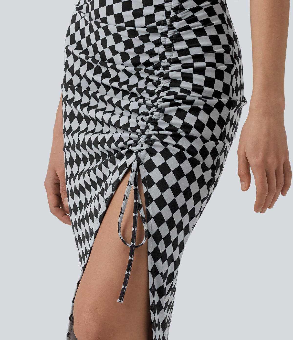Check Print High Waisted Drawstring Bodycon Midi Casual Skirt — Classic Diamond Check — view 4