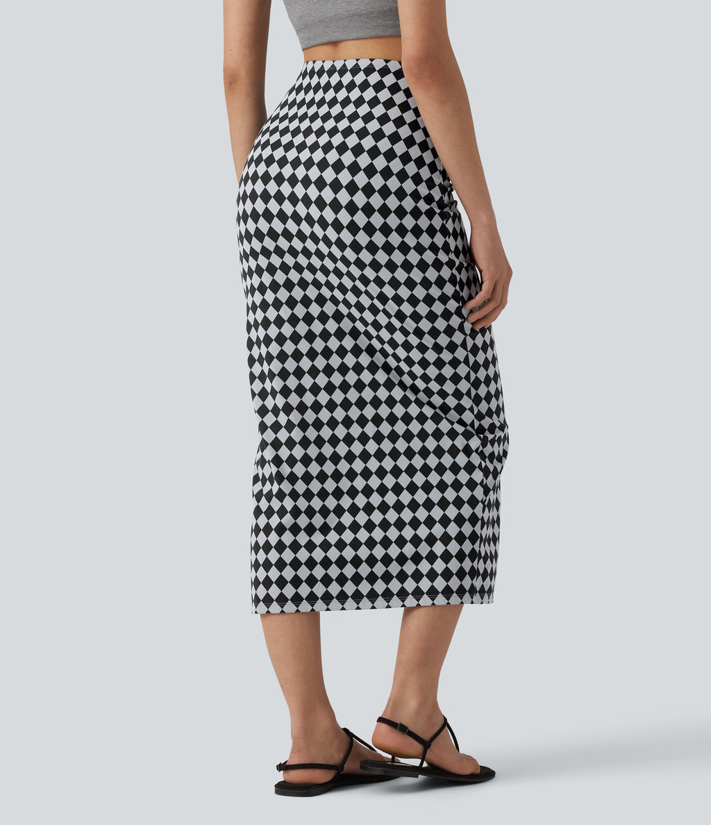 Check Print High Waisted Drawstring Bodycon Midi Casual Skirt — Classic Diamond Check — view 2