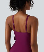 V Neck Tie Side Built-in Bra Tummy Control One Piece Swimsuit — Magenta Purple — view 5