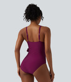 V Neck Tie Side Built-in Bra Tummy Control One Piece Swimsuit — Magenta Purple — view 2