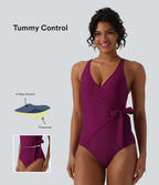 V Neck Tie Side Built-in Bra Tummy Control One Piece Swimsuit — Magenta Purple — view 1