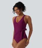 V Neck Tie Side Built-in Bra Tummy Control One Piece Swimsuit — Magenta Purple — view 3