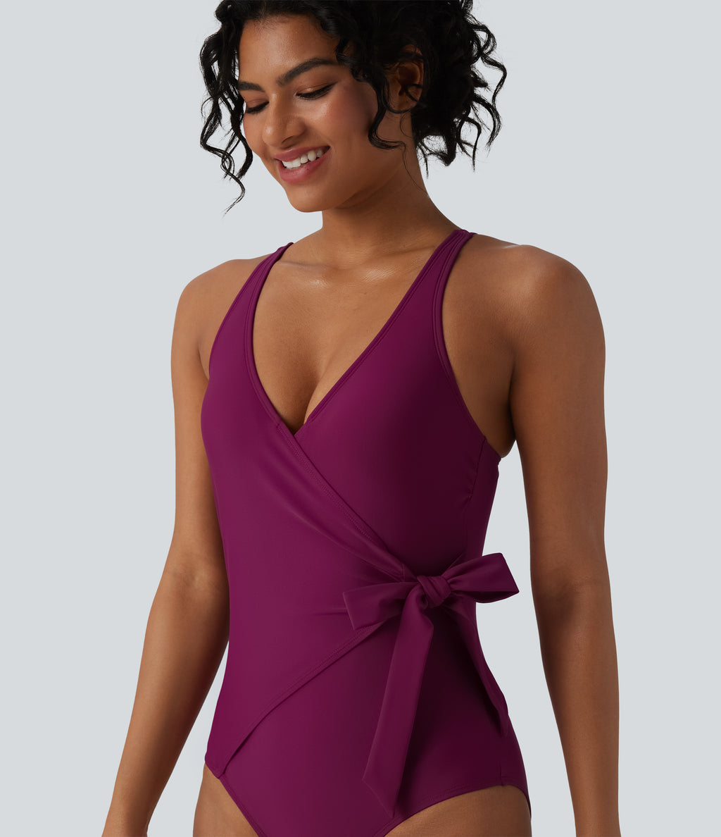 V Neck Tie Side Built-in Bra Tummy Control One Piece Swimsuit — Magenta Purple — view 4