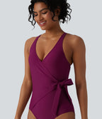 V Neck Tie Side Built-in Bra Tummy Control One Piece Swimsuit — Magenta Purple — view 4