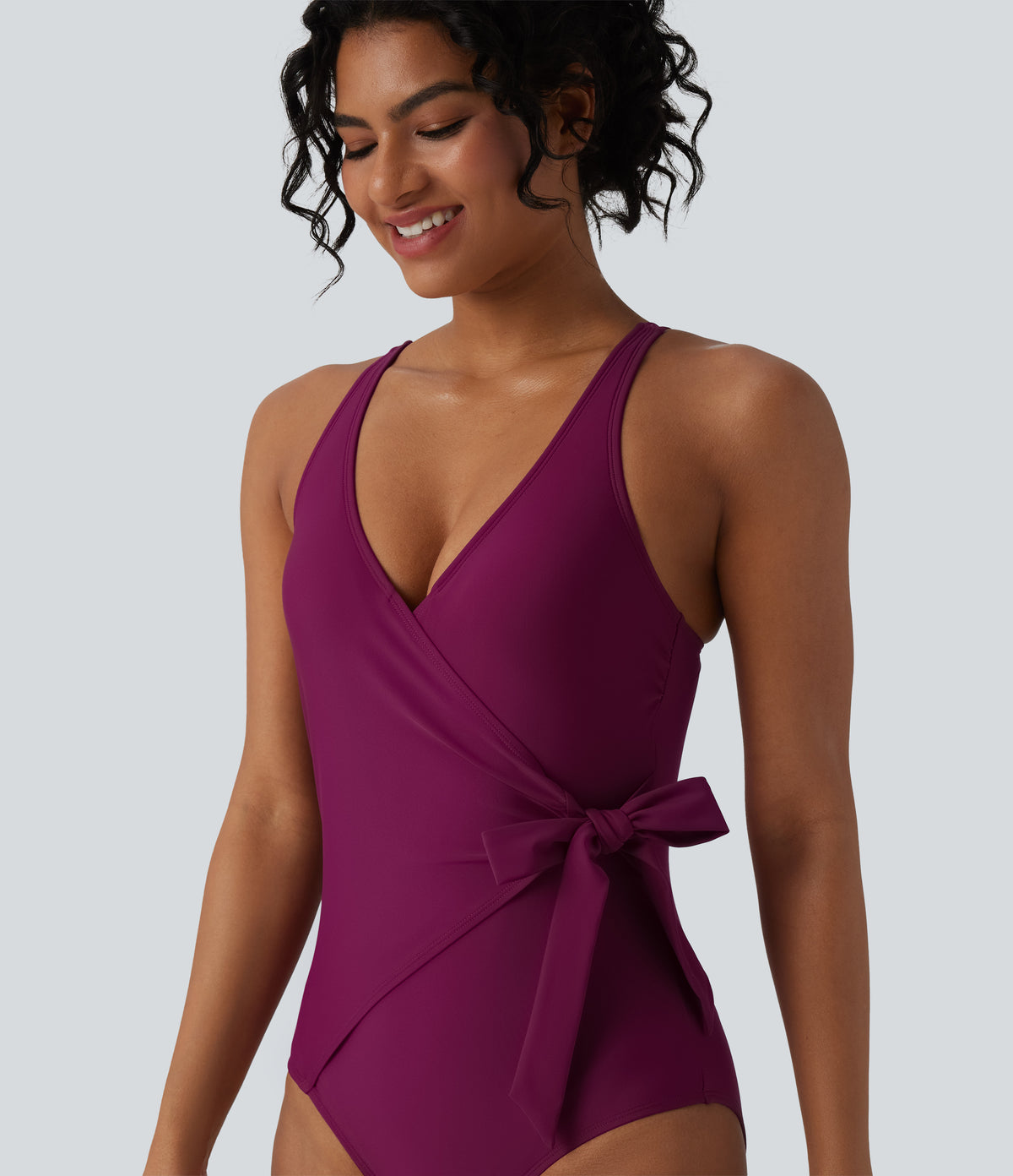 V Neck Tie Side Built-in Bra Tummy Control One Piece Swimsuit — Magenta Purple — view 4