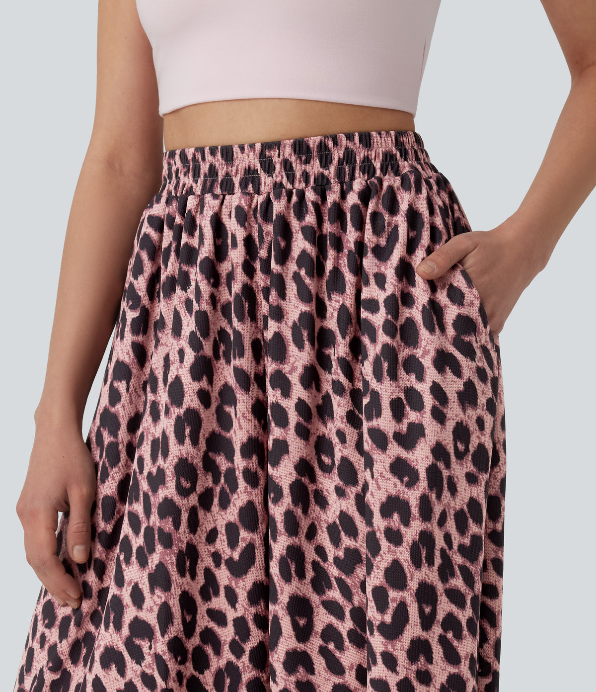 High Waisted Flowy Leopard Print Waffle Casual Joggers with Pockets — Blush Panther — view 4