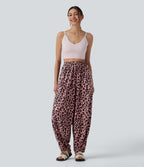 High Waisted Flowy Leopard Print Waffle Casual Joggers with Pockets — Blush Panther — view 6