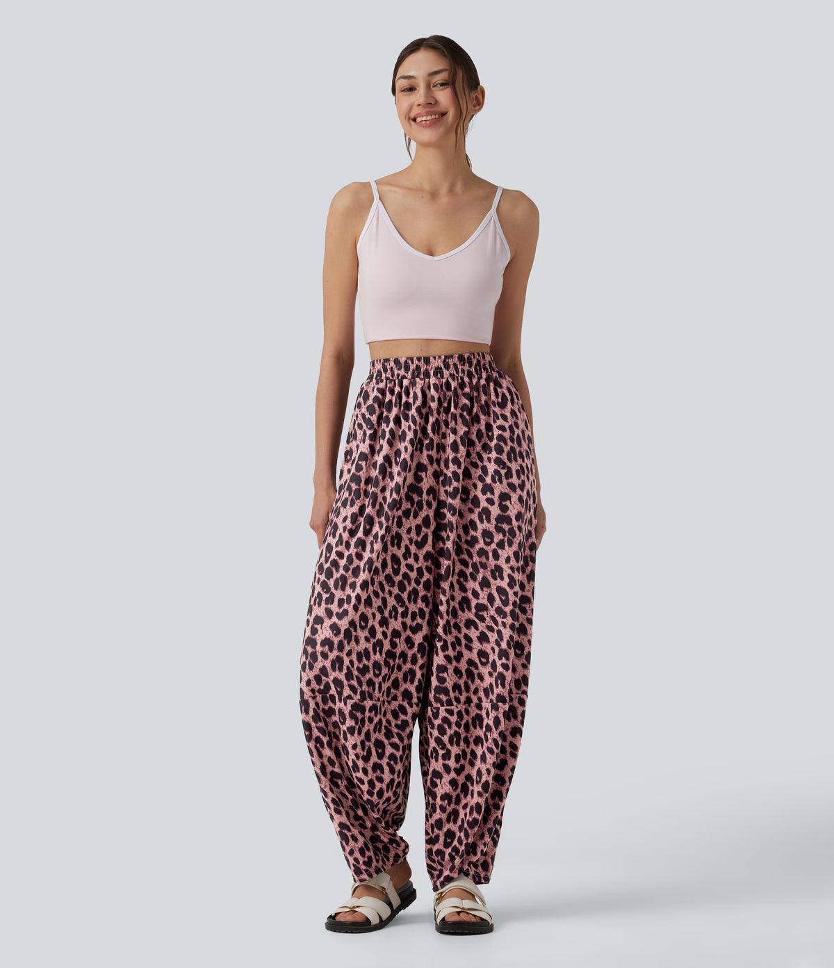 High Waisted Flowy Leopard Print Waffle Casual Joggers with Pockets — Blush Panther — view 6