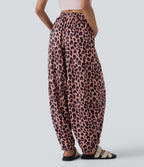 High Waisted Flowy Leopard Print Waffle Casual Joggers with Pockets — Blush Panther — view 2