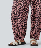 High Waisted Flowy Leopard Print Waffle Casual Joggers with Pockets — Blush Panther — view 5