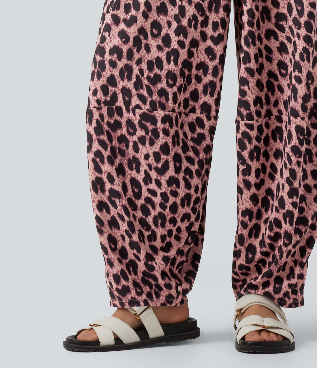 High Waisted Flowy Leopard Print Waffle Casual Joggers with Pockets — Blush Panther — view 5