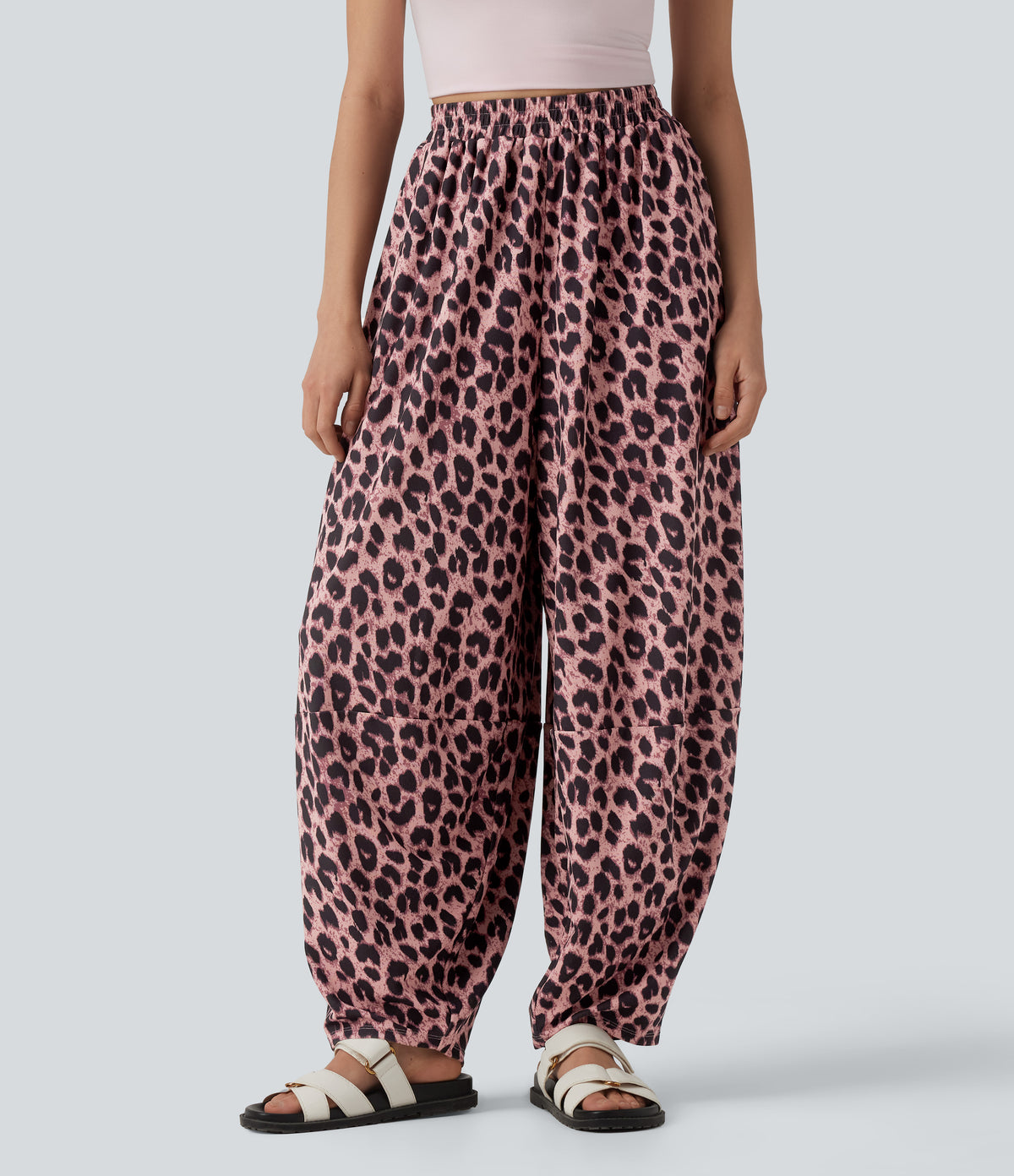 High Waisted Flowy Leopard Print Waffle Casual Joggers with Pockets — Blush Panther — view 1