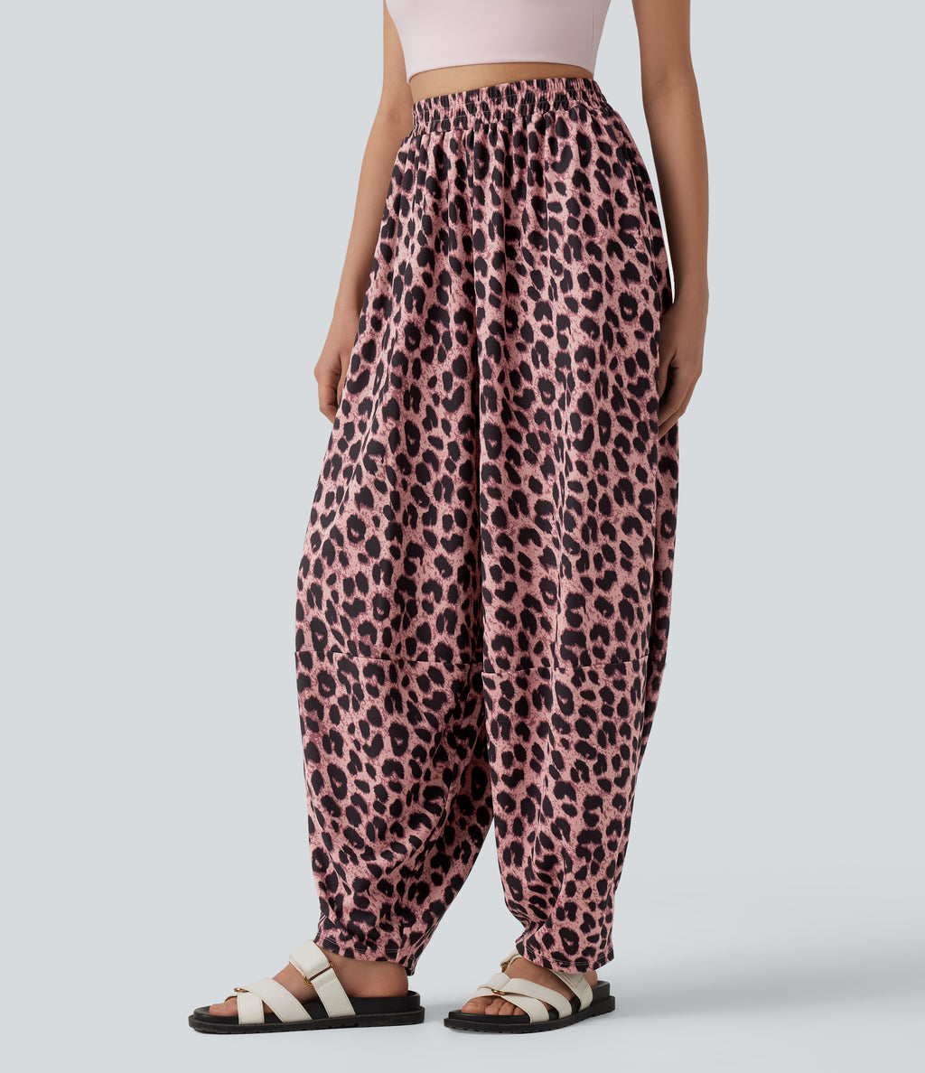 High Waisted Flowy Leopard Print Waffle Casual Joggers with Pockets — Blush Panther — view 3