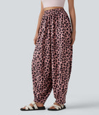 High Waisted Flowy Leopard Print Waffle Casual Joggers with Pockets — Blush Panther — view 3