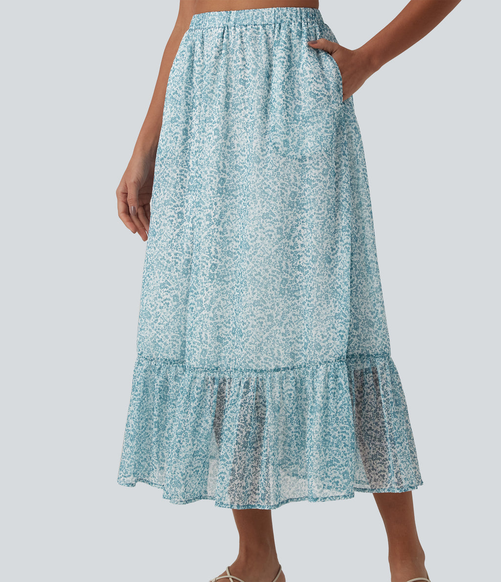 High Waisted Floral Print Flowy Midi Casual Skirt with Pockets — Silver Leaf — view 4