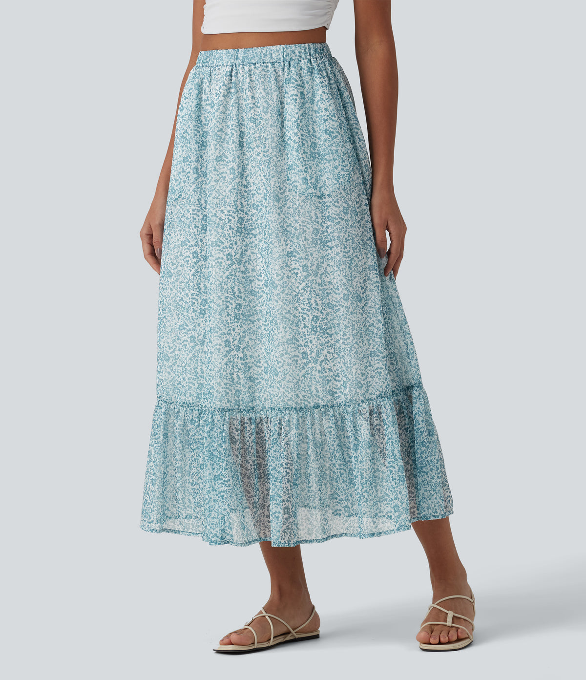 High Waisted Floral Print Flowy Midi Casual Skirt with Pockets — Silver Leaf — view 3