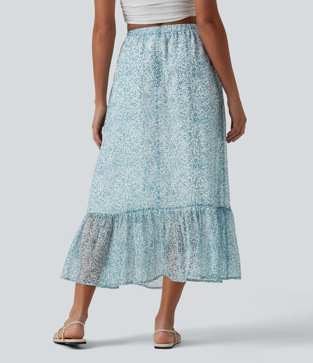 High Waisted Floral Print Flowy Midi Casual Skirt with Pockets — Silver Leaf — view 2