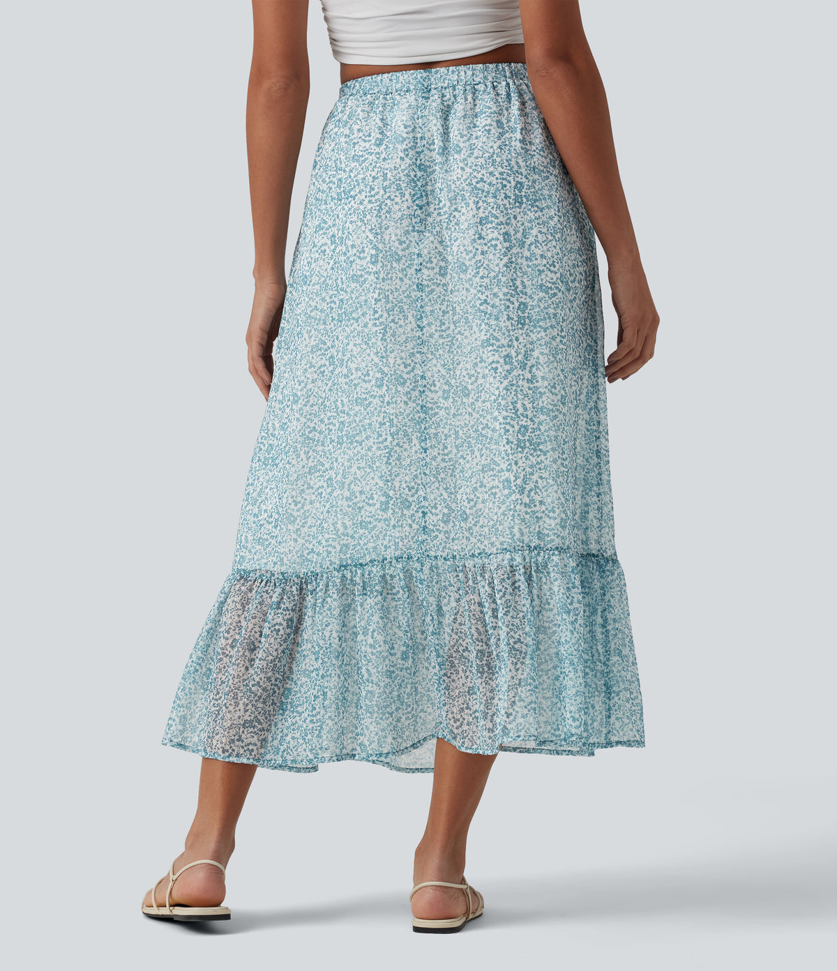 High Waisted Floral Print Flowy Midi Casual Skirt with Pockets — Silver Leaf — view 2