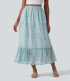High Waisted Floral Print Flowy Midi Casual Skirt with Pockets — Silver Leaf — view 1