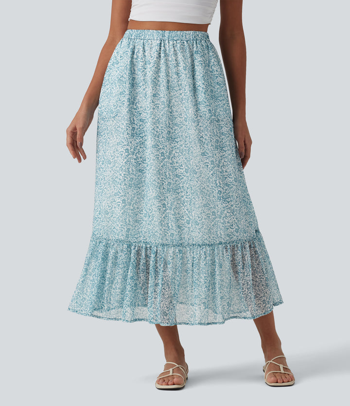 High Waisted Floral Print Flowy Midi Casual Skirt with Pockets — Silver Leaf — view 1