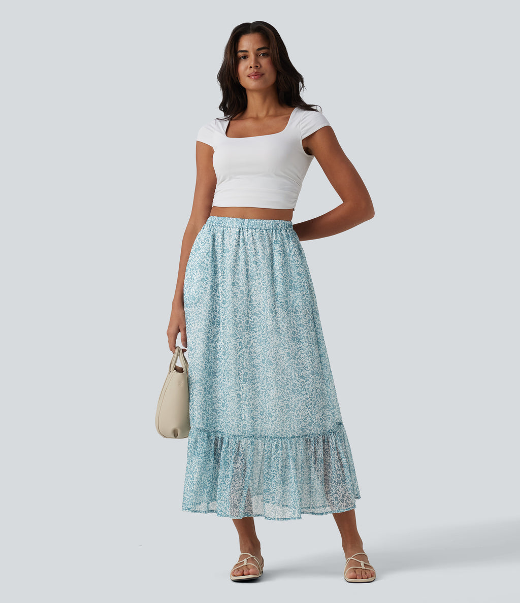 High Waisted Floral Print Flowy Midi Casual Skirt with Pockets — Silver Leaf — view 5