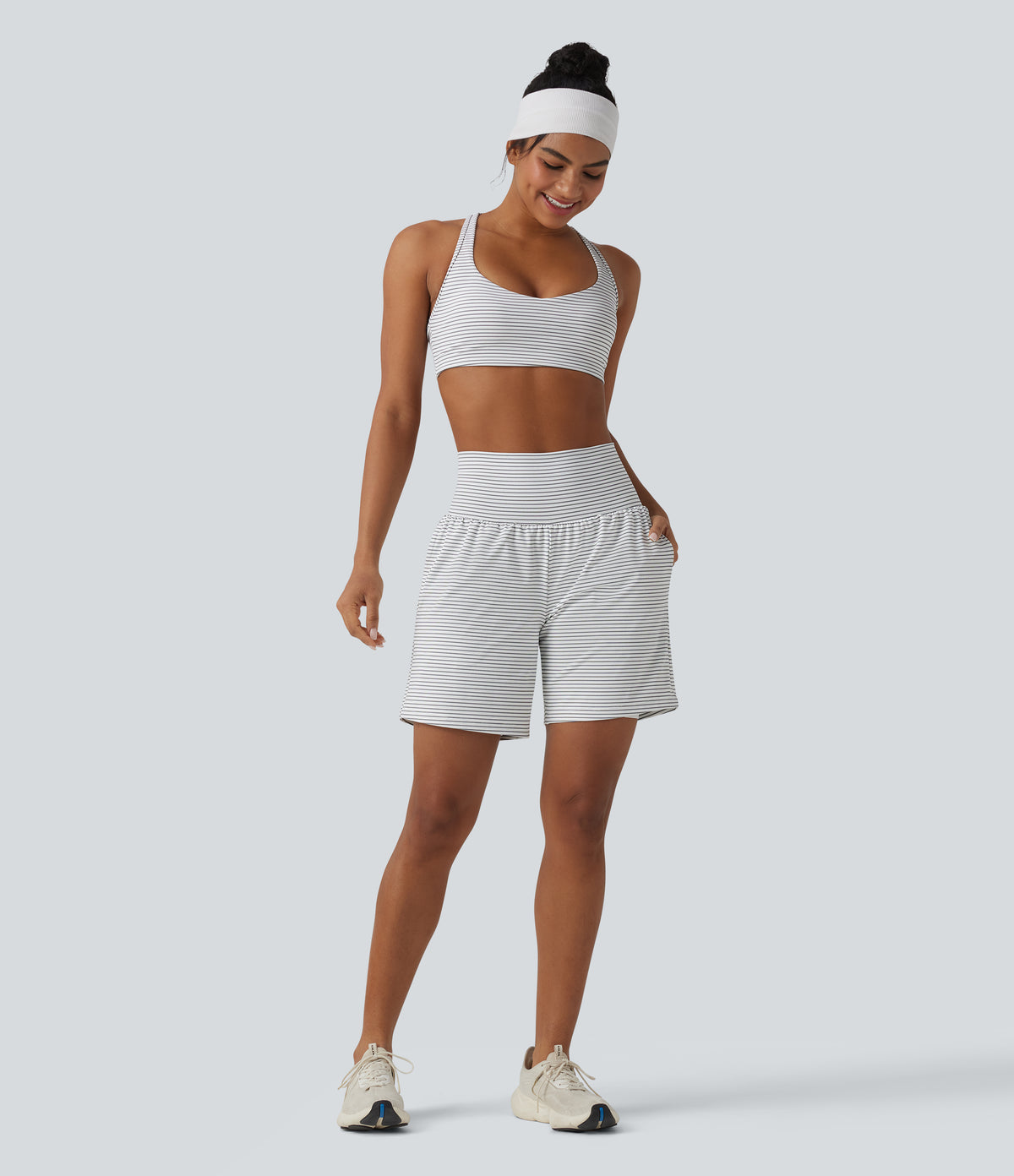 Super High Waisted 2-in-1 Stripe Yoga Shorts 7'' with Pockets — Zebra Ripple — view 8