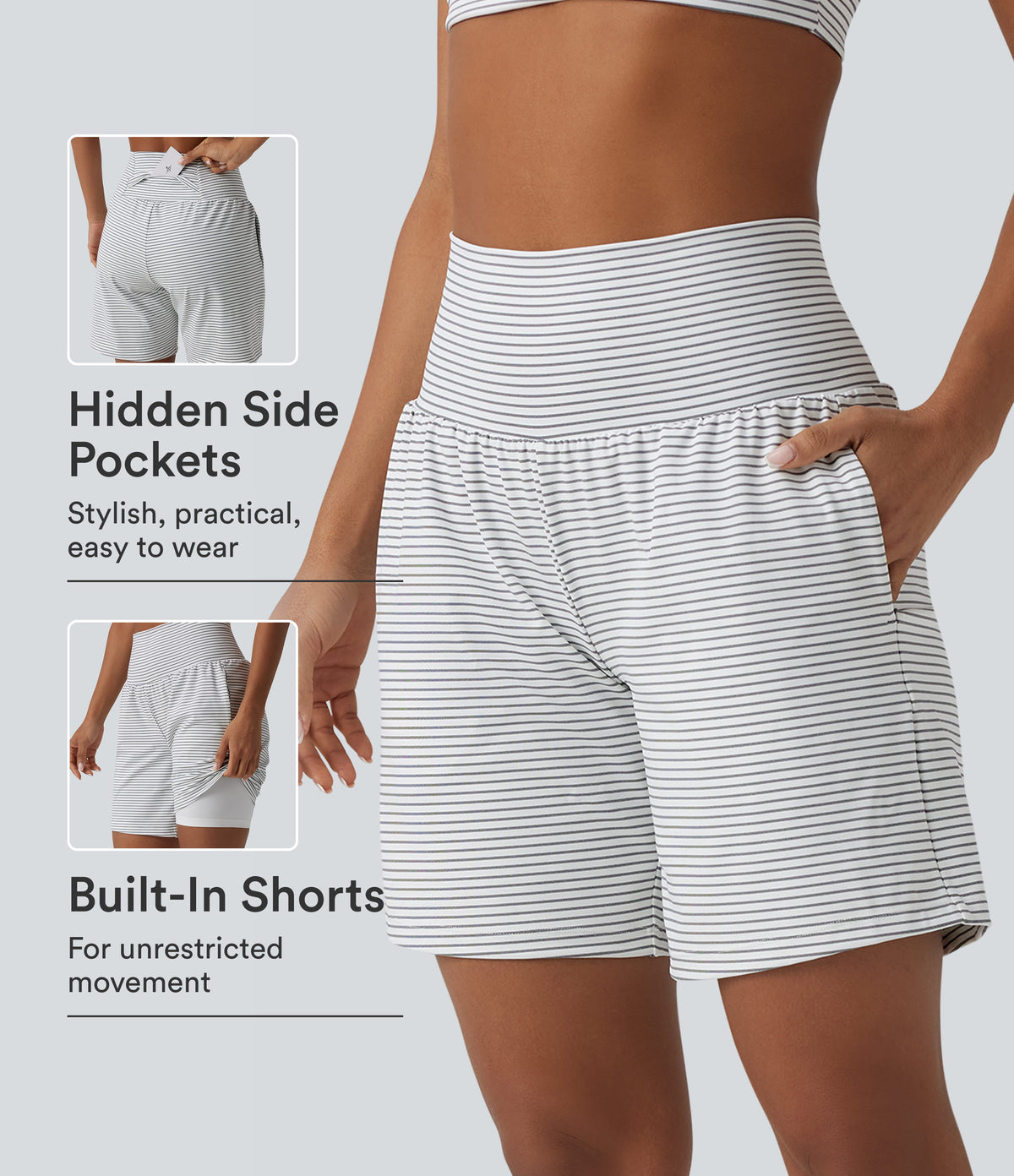 Super High Waisted 2-in-1 Stripe Yoga Shorts 7'' with Pockets — Zebra Ripple — view 1
