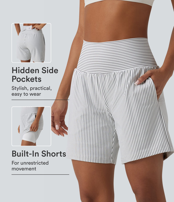 Super High Waisted 2-in-1 Stripe Yoga Shorts 7'' with Pockets — Zebra Ripple — view 1