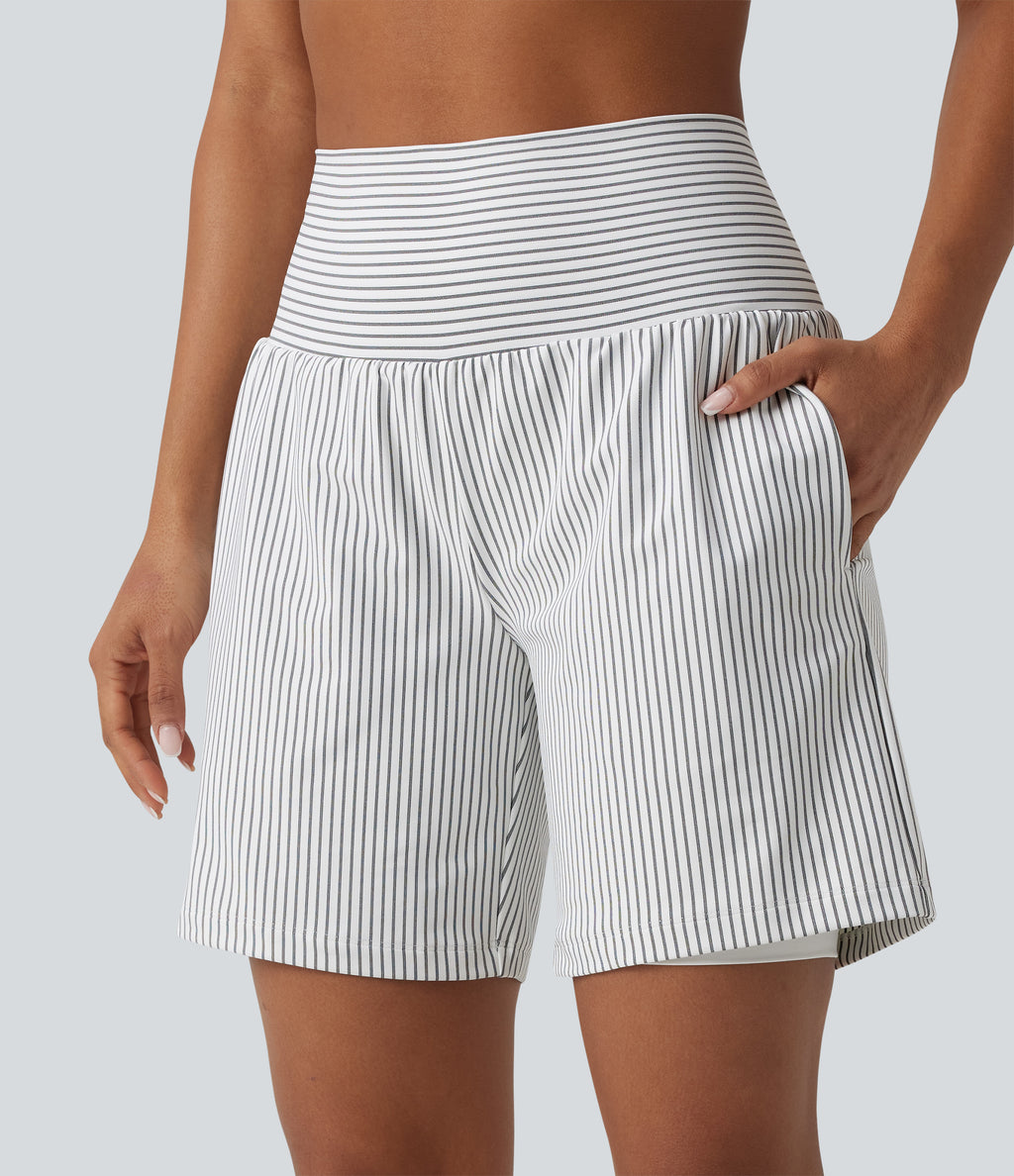 Super High Waisted 2-in-1 Stripe Yoga Shorts 7'' with Pockets — Zebra Ripple — view 7