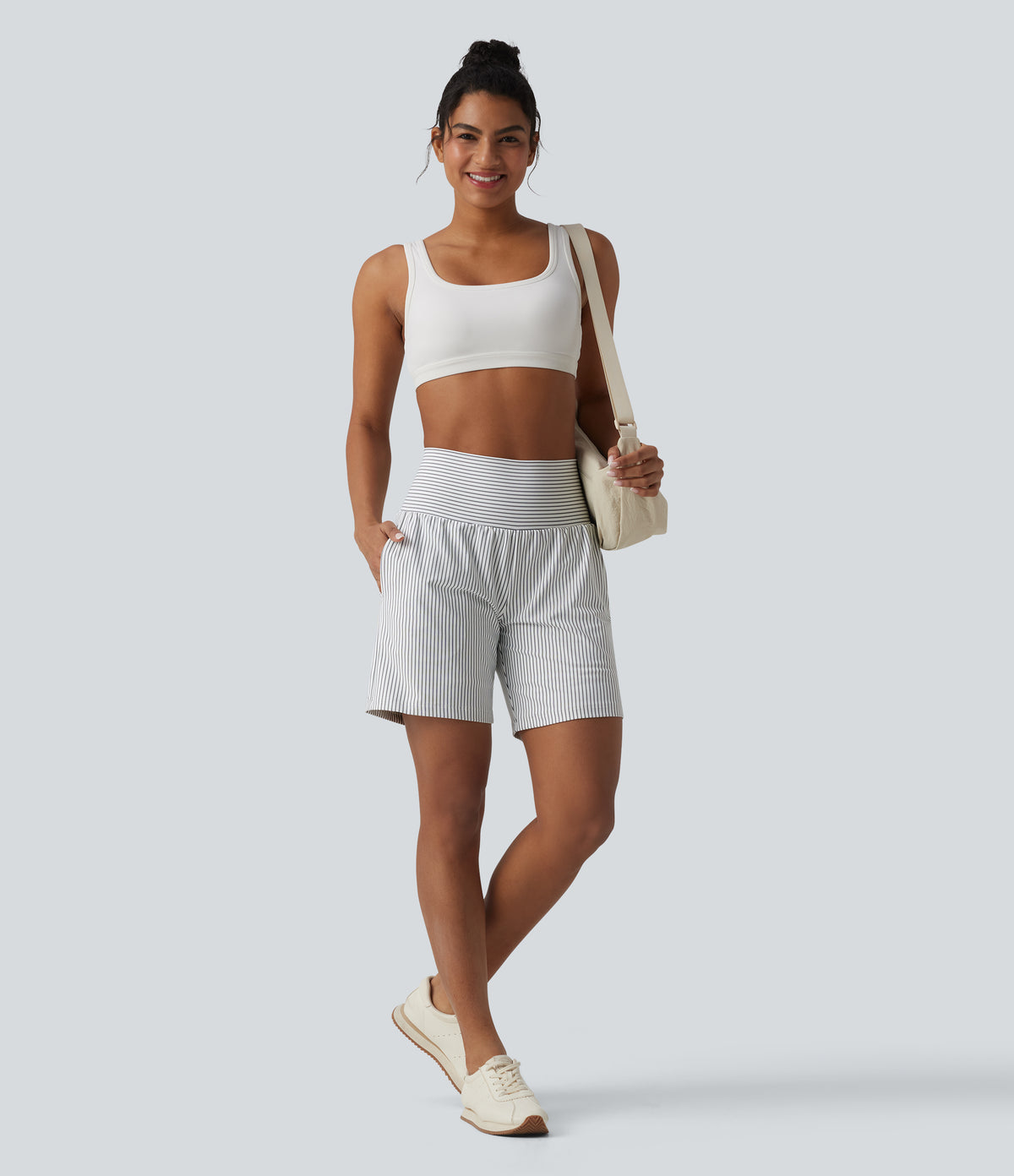 Super High Waisted 2-in-1 Stripe Yoga Shorts 7'' with Pockets — Zebra Ripple — view 8