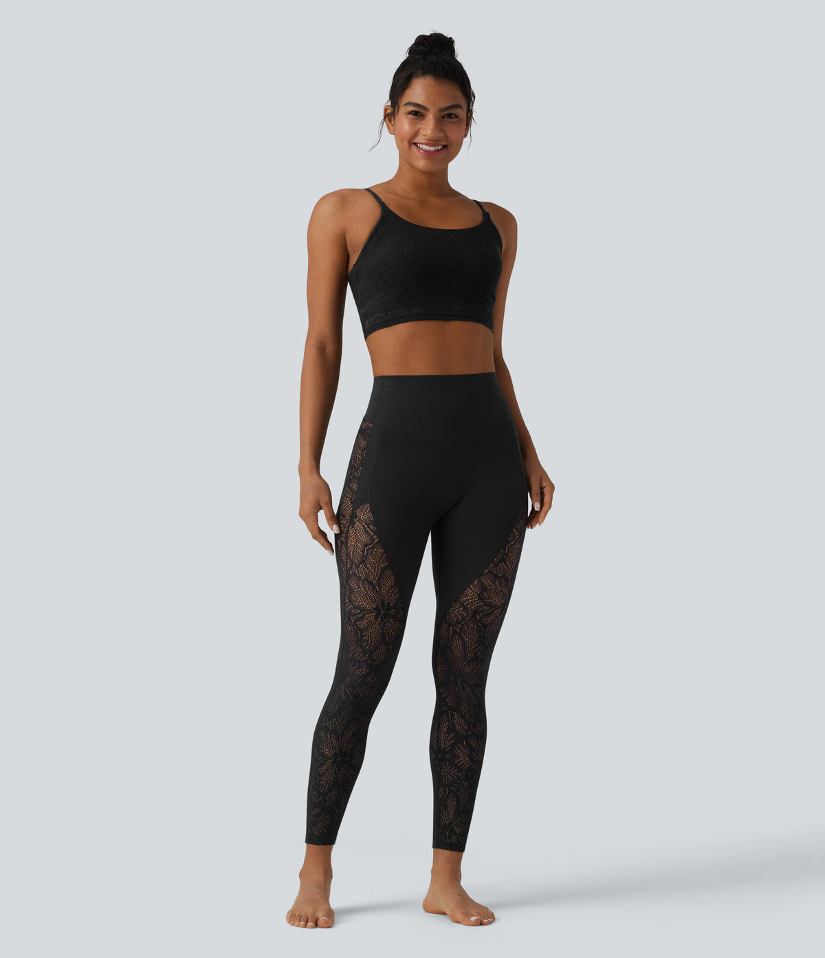 High Waisted Tummy Control Contrast Lace Yoga 7/8 Leggings with Pocket — Black — view 7