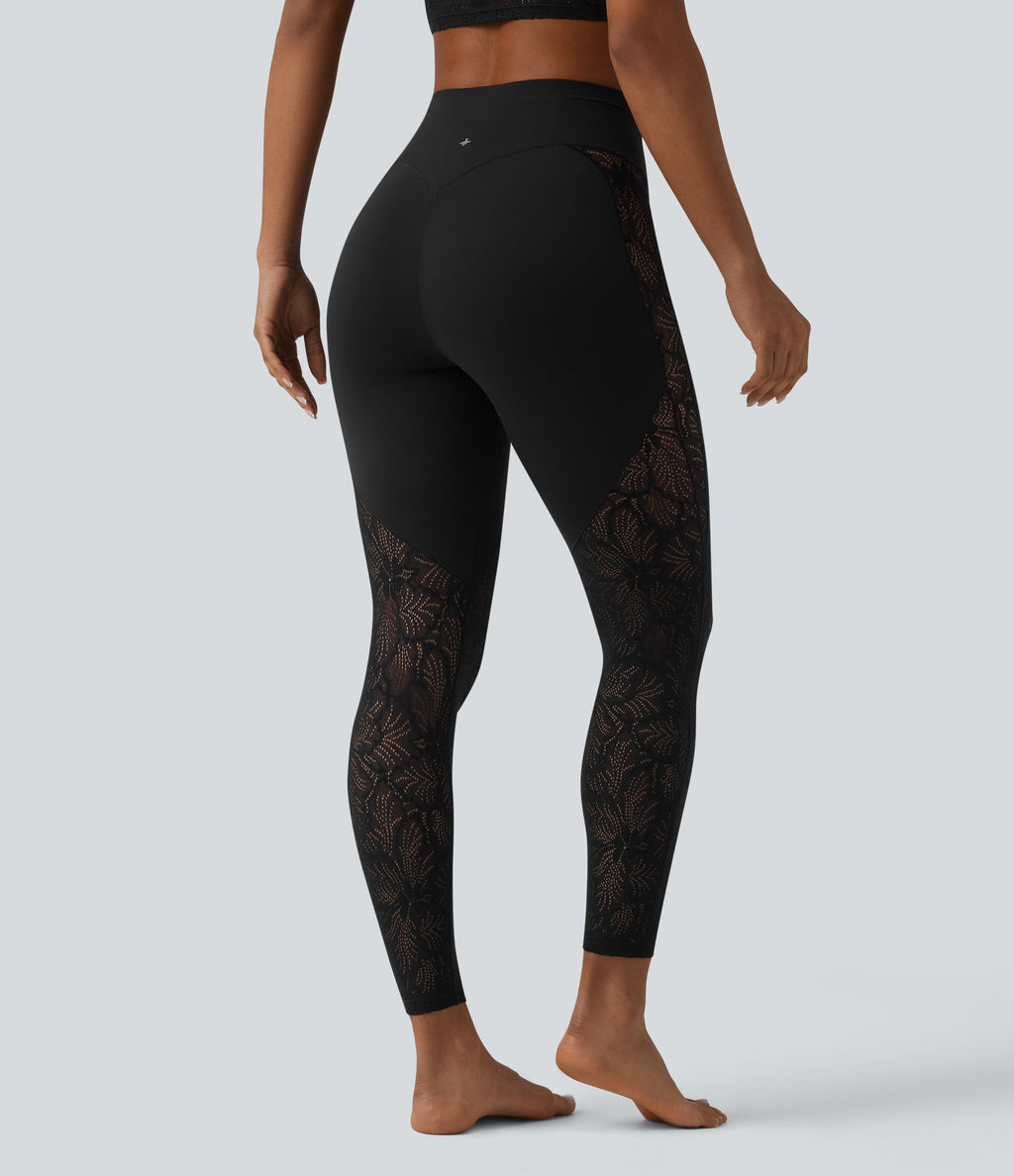 High Waisted Tummy Control Contrast Lace Yoga 7/8 Leggings with Pocket — Black — view 2