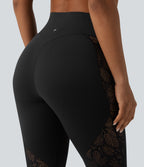 High Waisted Tummy Control Contrast Lace Yoga 7/8 Leggings with Pocket — Black — view 6