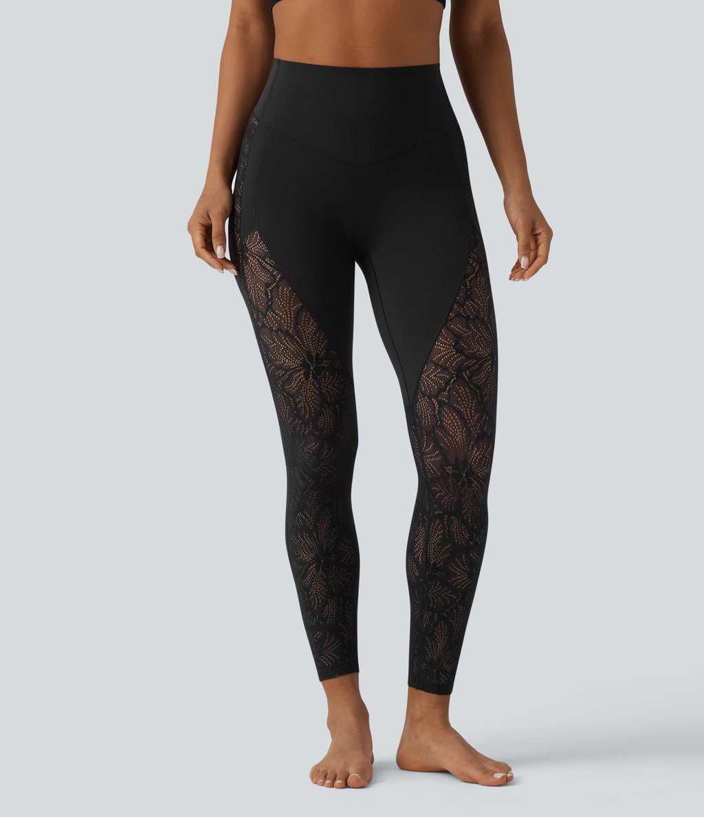 High Waisted Tummy Control Contrast Lace Yoga 7/8 Leggings with Pocket — Black — view 3