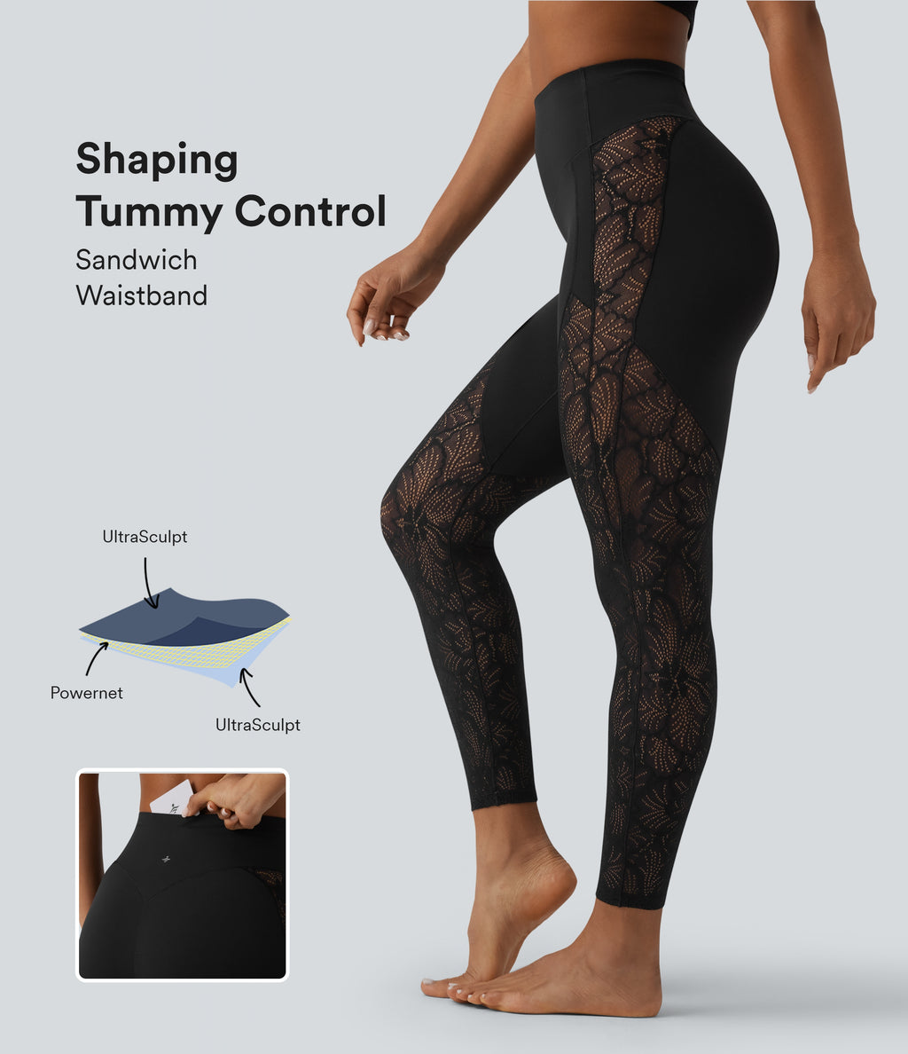 High Waisted Tummy Control Contrast Lace Yoga 7/8 Leggings with Pocket — Black — view 1