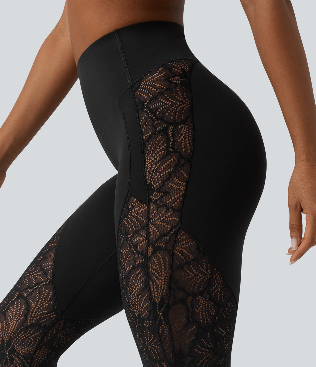 High Waisted Tummy Control Contrast Lace Yoga 7/8 Leggings with Pocket — Black — view 4