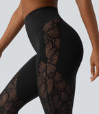 High Waisted Tummy Control Contrast Lace Yoga 7/8 Leggings with Pocket — Black — view 4