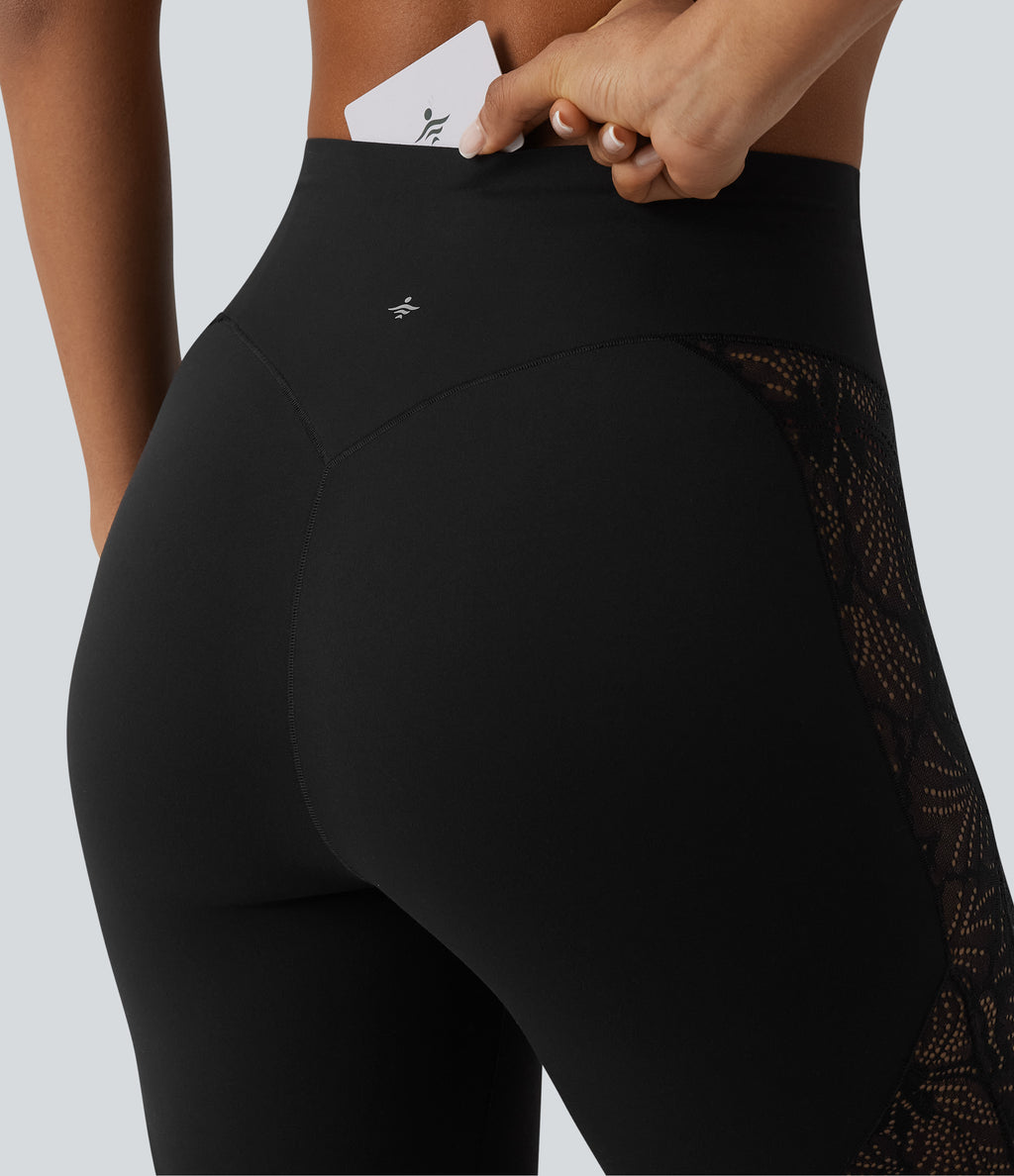 High Waisted Tummy Control Contrast Lace Yoga 7/8 Leggings with Pocket — Black — view 5