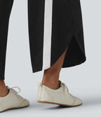 High Waisted Drawstring Curved Hem Color Block Casual Wide Leg Sweatpants with Pockets — Black — view 6