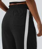 High Waisted Drawstring Curved Hem Color Block Casual Wide Leg Sweatpants with Pockets — Black — view 5