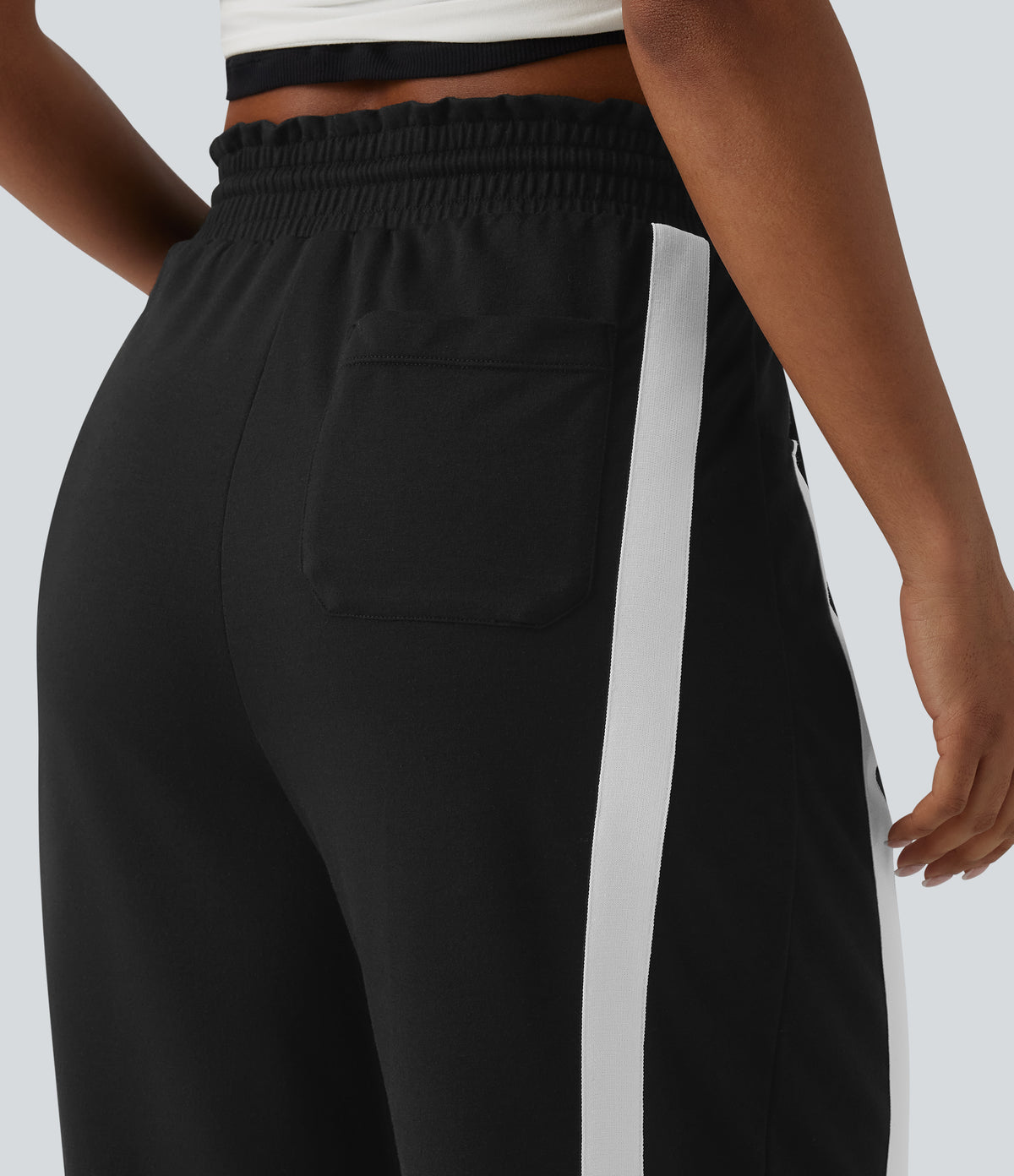 High Waisted Drawstring Curved Hem Color Block Casual Wide Leg Sweatpants with Pockets — Black — view 5