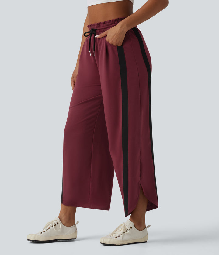 High Waisted Drawstring Curved Hem Color Block Casual Wide Leg Sweatpants with Pockets — Pomegranate — view 8