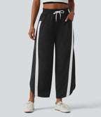 High Waisted Drawstring Curved Hem Color Block Casual Wide Leg Sweatpants with Pockets — Black — view 3